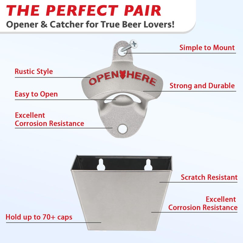 kilofly 2 SETS Beer Bottle Opener Cap Catcher Bucket Man Cave Gift Wall Mounted - Image 4